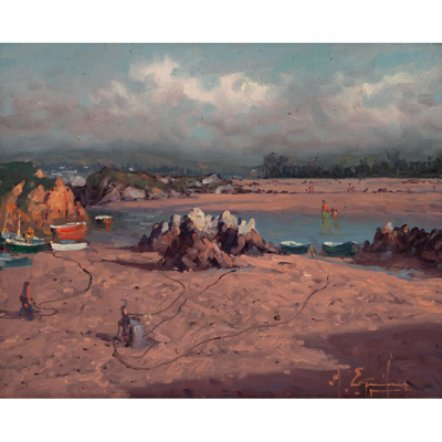 MIGUEL EGUILUZ ANCHIA   (Amorebieta, Vizcaya 1934)  "Playa con personajes. Cantabria."   