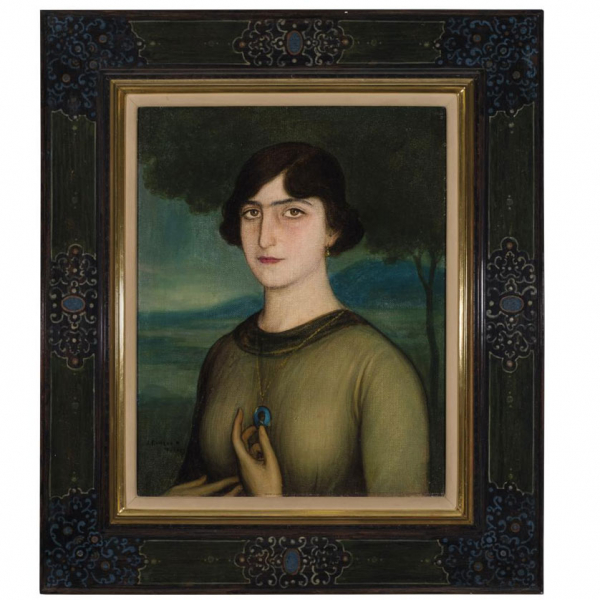 Julio Romero de Torres. "Retrato de la Señora de Varela". Óleo y temple sobre lienzo. Firmado en el ángulo inferior izquierdo.