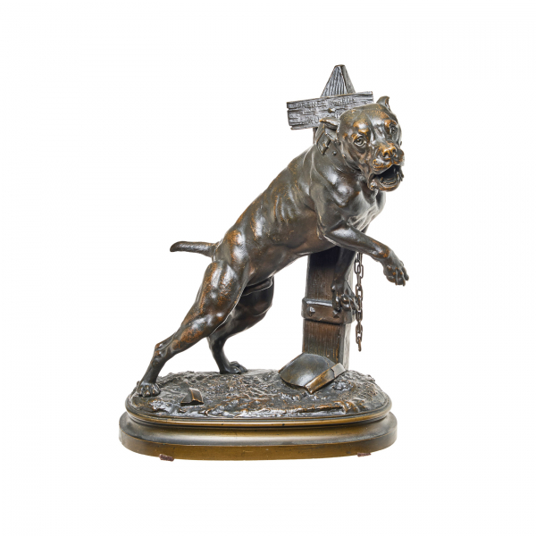 Prosper Lecourtier (Gremilly, Francia, 1855-París, Francia, 1924)  Prenez Garde au Chien.  Escultura en bronce patinado 