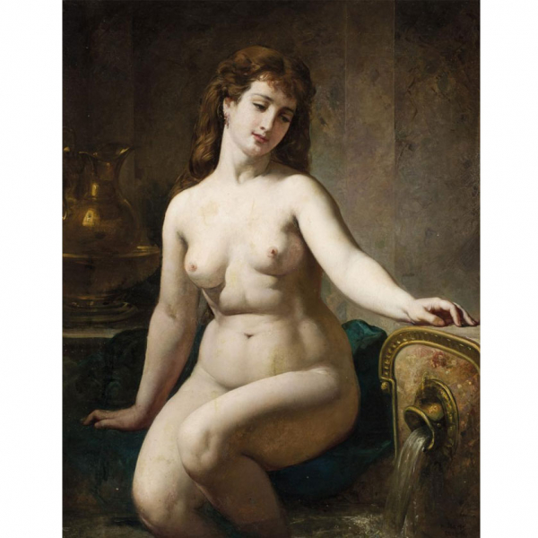 Ramón Martí y Alsina.   "Desnudo junto a la fuente". Óleo sobre lienzo. Firmado y fechado (1868?) en el ángulo inferior derecho.