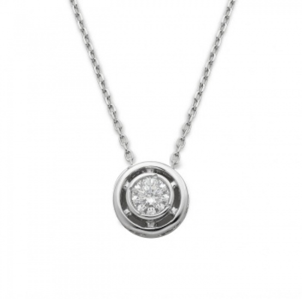 Cadena y colgante chat&oacute;n en oro blanco con diamantes talla brillante con un peso total de 0,24 cts. aprox.