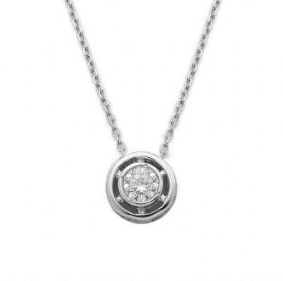 Cadena y colgante chat&oacute;n en oro blanco con diamantes talla brillante con un peso total de 0,24 cts. aprox.