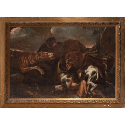 Enganche del Oso, escuela flamenca del siglo XVII, círculo de Paul de Vos (Amberes, h. 1591/1595-1678).   Óleo sobre lienzo