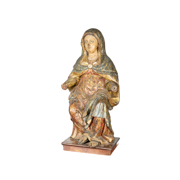 Escuela española, ppios. del s.XVIII. Virgen entronizada. Escultura en madera tallada, policromada y dorada sobre base en madera.