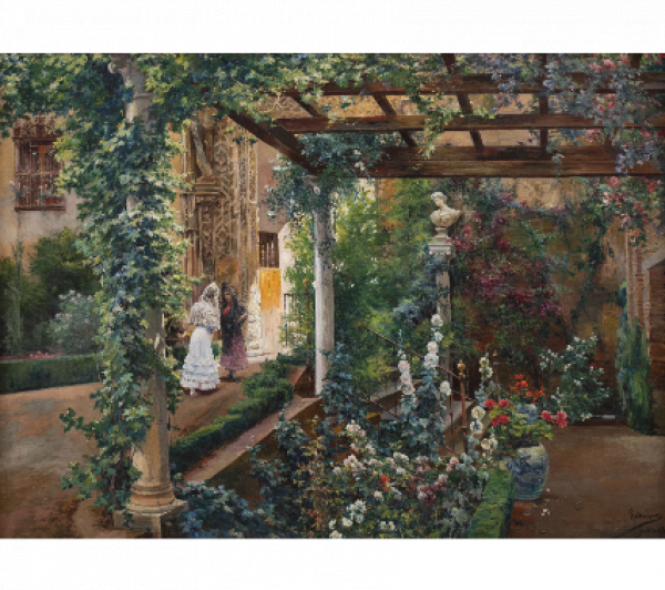 MANUEL GARC&Iacute;A Y RODR&Iacute;GUEZ (Sevilla, 1863-1925).  Damas vestidas de majas en los jard&iacute;nes del Alc&aacute;zar de Sevilla.   &Oacute;leo sobre lienzo. 