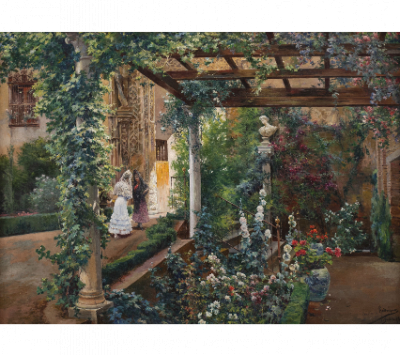 MANUEL GARCÍA Y RODRÍGUEZ (Sevilla, 1863-1925).  Damas vestidas de majas en los jardínes del Alcázar de Sevilla.   Óleo sobre lienzo. 
