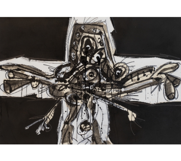 ANTONIO SAURA (Huesca, 1930 - Cuenca, 1998)  Crucifixión, 1968.   Técnica mixta sobre papel. 