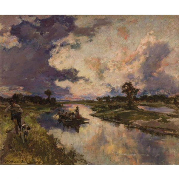 Francisco Pradilla.   "Aspectos fugaces del paisaje; Crepúsculo de verano, país pontino, Italia (1919)". Óleo sobre lienzo.