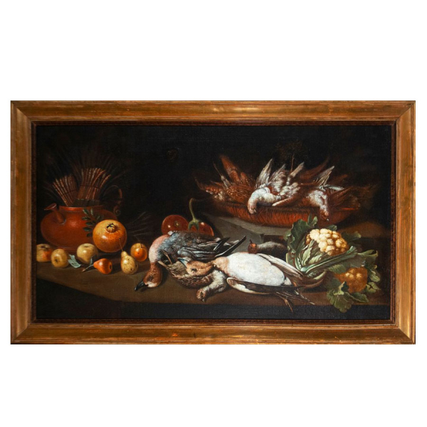 "Bodegón de caza menor y frutos" atribuido a Antonio Ponce, Escuela Madrileña, Siglo XVII.  Óleo sobre lienzo. 