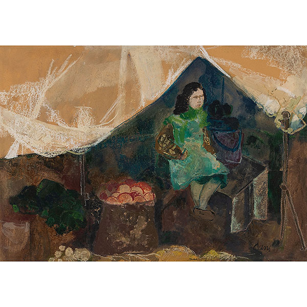 MARÍA ANTONIA  DANS BOADO   (Oza de los Ríos, La Coruña 1922- Madrid 1988)  "Vendedora de frutas"  Firmado: Dans  Mixta / Tabla 