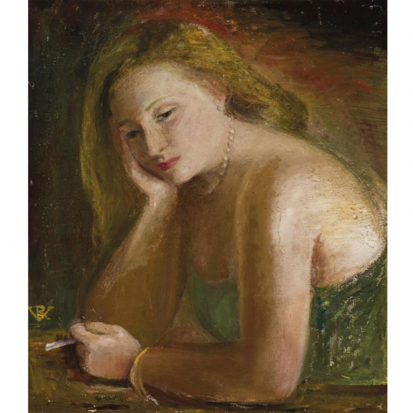 Rosario de Velasco.   "Mujer fumando". Óleo sobre lienzo. Firmado 