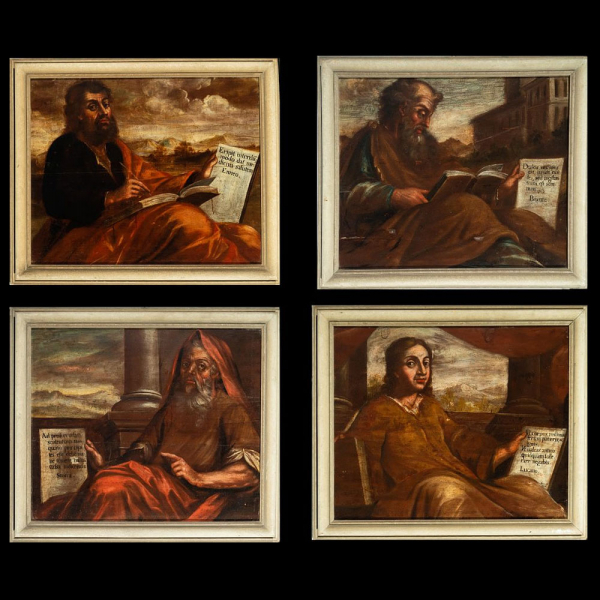 "Los Cuatro Evangelistas". Escuela italiana de finales del siglo XVI.   Conjunto de cuatro óleos sobre tabla.