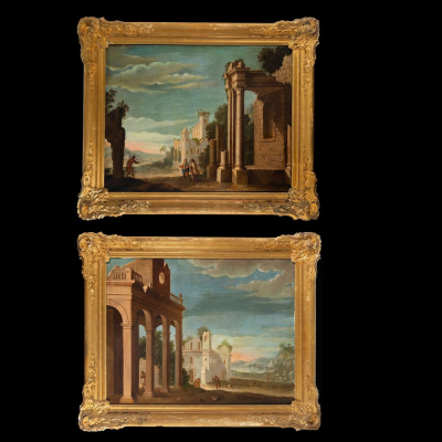 Pareja de Elegantes Capriccios Neoclásicos del siglo XVIII, Maestro Napolitano a identificar del siglo XVIII
