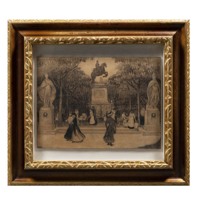 AURELIO ARTETA (1879 - 1-940).   &quot;Día en el parque&quot;.   Carboncillo sobre papel. 