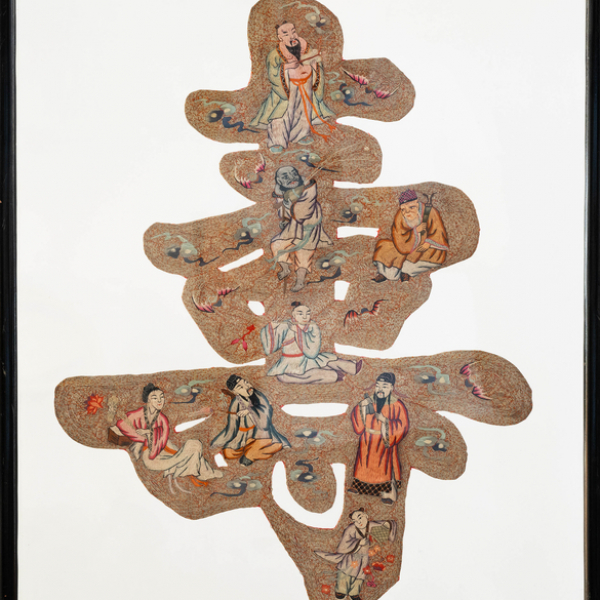 Fragmento de tejido chino bordado a mano en hilos de seda del siglo XX.