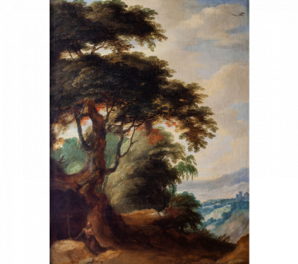JOOS DE MOMPER (1564- 1635) Y JAN BRUEGHEL (1568-1626)  Paisaje con ermitaño, ¿San Pablo?   Óleo sobre lienzo.