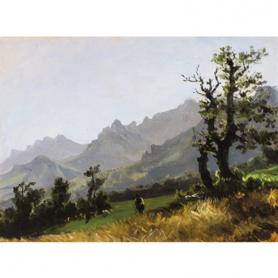 Jaime Morera y Galicia.   &quot;Paisaje de Guadarrama&quot;. Óleo sobre cartón.