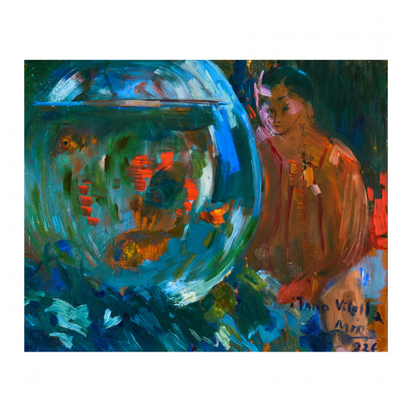 Joaquim Mir Trinxet (Barcelona, 1873-1940)  Niña oriental contemplando los peces de colores.  Óleo sobre tabla. Firmado 
