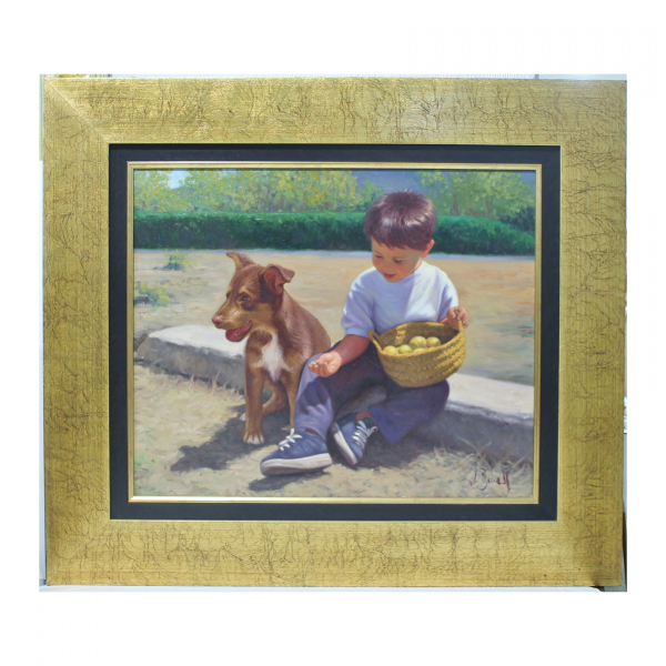 Jos&eacute; Borrell (Alcoy, 1969)  Ni&ntilde;o con perro.  &Oacute;leo sobre tela. Firmado. 