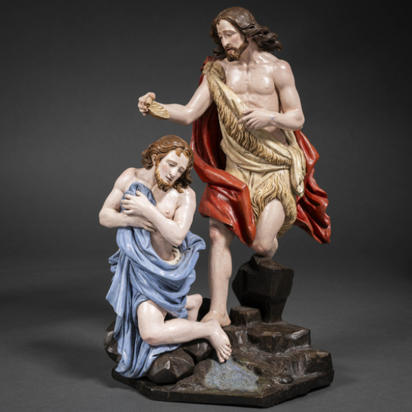 "Bautismo de Cristo" Grupo escultórico en madera tallada y policromada. Trabajo Italiano del siglo XVIII
