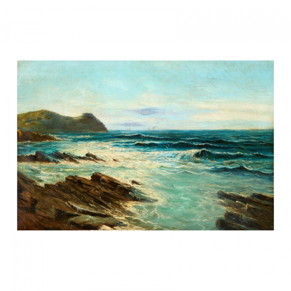 Alexandre de Riquer Inglada (Calaf, 1856-Palma de Mallorca, 1920) Costa catalana. Óleo sobre tela. Firmado.