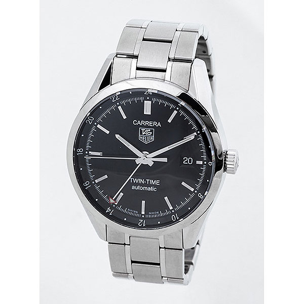 Reloj cab, suizo, TAG HEUER 'Carrera Twin-Time Automatic'. En caja, 39 mm, y brazalete de acero pulido y matizado