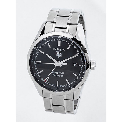 Reloj cab, suizo, TAG HEUER &#039;Carrera Twin-Time Automatic&#039;. En caja, 39 mm, y brazalete de acero pulido y matizado