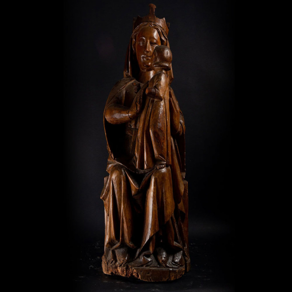 Exquisita gran Virgen Sedente "Sedes Sapientiae" Gótica Alemana en roble, siglo XV. 