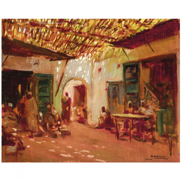 Mariano Bertuchi Nieto.  "Patio de Tetuán". Óleo sobre tabla. Firmado y localizado (Tetuán) en el ángulo inferior derecho.