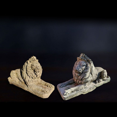 Pareja de leones en piedra de Vicenza tallados en bloque único, Italia, siglo XIX.