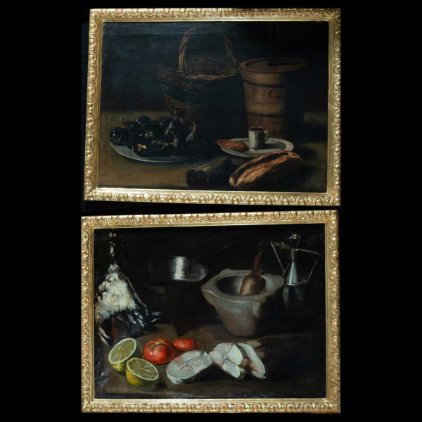 Magnífica pareja de bodegones españoles, manera Espinosa, Juan de (1628, Doc. 1659). 