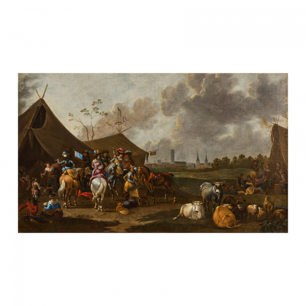 Escuela holandesa, fles. del s.XVII-ppios. del s.XVIII.  Soldados en el campamento.  Óleo sobre tela. 