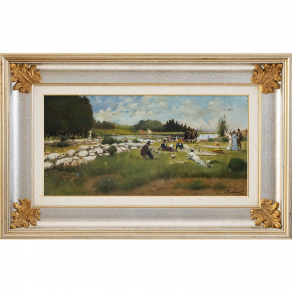 &quot;Día de merienda en el campo&quot;.  Escuela Española del siglo XX.   Técnica: Óleo/Tabla