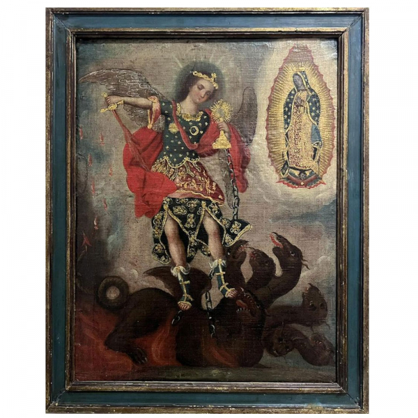 "San Miguel Arcángel vencedor del demonio y protector de la Virgen de Guadalupe". Escuela virreinal. Siglo XVIII.    Óleo sobre lienzo.
