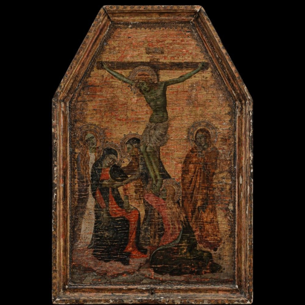 "Las tres Mar&iacute;as junto a la Cruz"  Calvario italiano sobre tabla siglo XVII - XVIII Siena o Veneto 