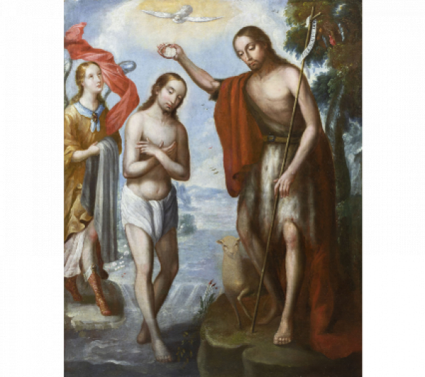 ATRIBUIDO A JUAN DE CORREA (Ciudad de México, c. 1645-1716).  El Bautismo de Cristo.   Óleo sobre lienzo
