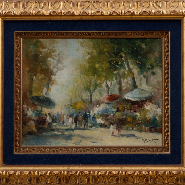 "Ramblas de Barcelona".  JUAN RICART (Malgrat de Mar, 1914-1985). Técnica: Óleo/Cartón