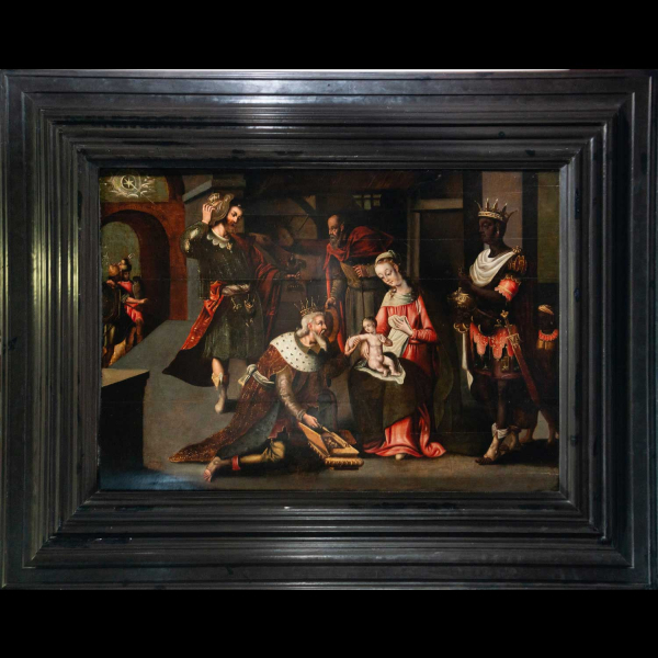 Gran Óleo sobre tabla representando la Adoración de Reyes, escuela Ítalo Flamenca del siglo XVI.
