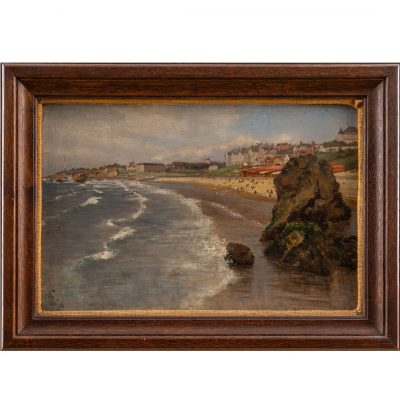 &quot;Vista de la Playa de Biarritz&quot;   Escuela Francesa, Siglo XIX 