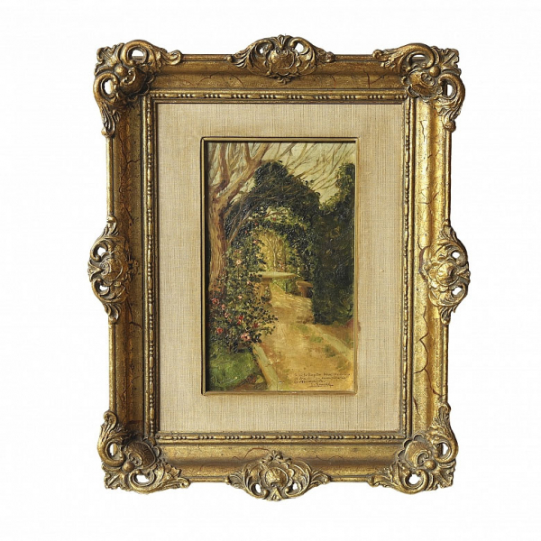 Santiago Rusiñol (1861-1931) "Apunte de Jardín". Óleo sobre tabla. Firmado 