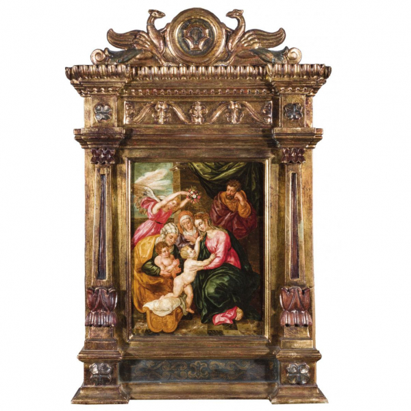 ESCUELA FLAMENCA S. XVI "Sagrada Familia con Santa Ana, Santa Isabel y San Juanito". Óleo sobre tabla.
