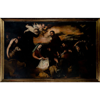 Importante "Adoraci&oacute;n de Pastores" versi&oacute;n de taller de Jos&eacute; de Ribera, escuela Napolitana del siglo XVII.   &Oacute;leo sobre lienzo. 