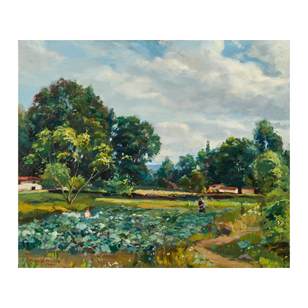 Ramon Barnadas (Olot, Girona, 1909-Vic, Barcelona, 1981) Paisaje rural con personajes. 