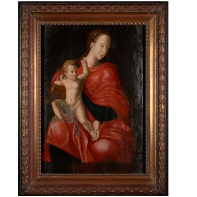 Manera de Joos van Cleve "Virgen con el Ni&ntilde;o vestida de rojo" siglo XVI.   &Oacute;leo sobre tabla.