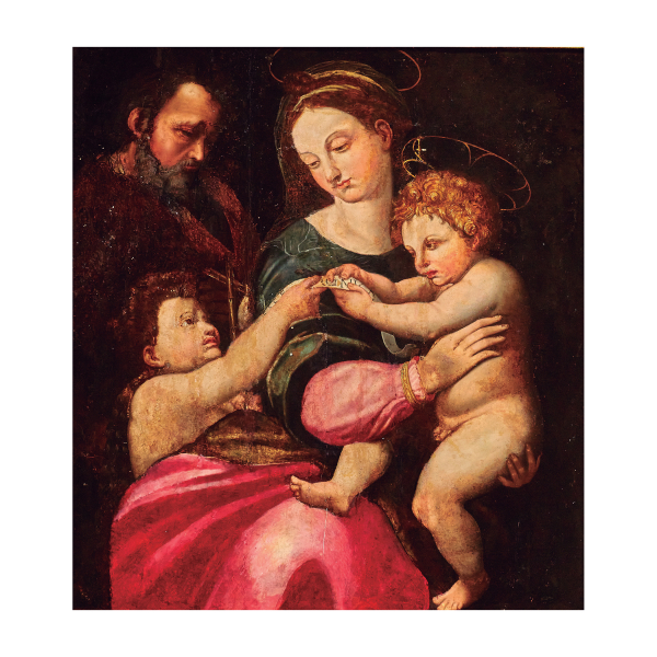 Escuela española, s.XVIII. Sagrada Familia con San Juanito. Óleo sobre tela.