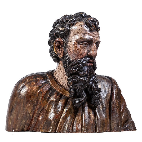 Busto de madera tallada y policromada "Santo barbado", taller castellano de ffs.S.XVI