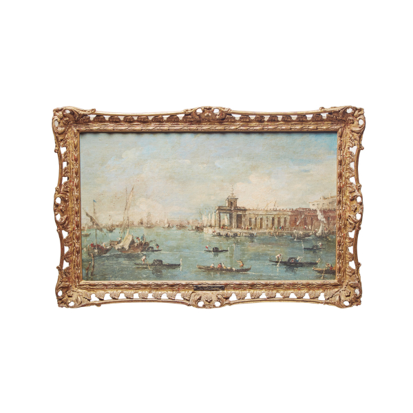 Taller de Francesco Lazzaro Guardi (Venecia, Italia, 1712-1793) El muelle y la entrada al Gran Canal de Venecia. Óleo sobre tela.