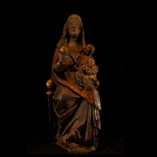 Gran Triple Virgen Tardo Románica transición al Gótico Hispano Flamenco, siglos XIV a principios del XV.   En madera policromada.