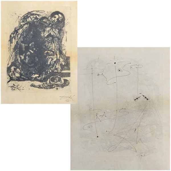 Salvador Dalí "Figura encadenada". Grabado sobre pergamino firmado y fechado 1962. Dibujo, dedicatoria y firma al dorso.