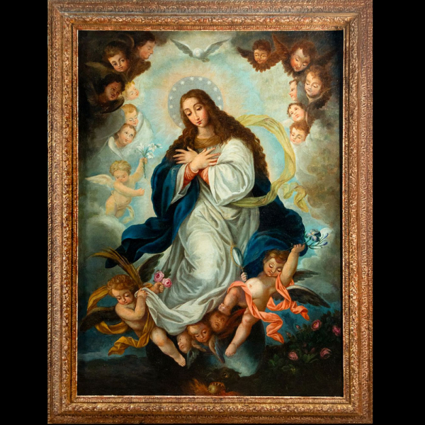 Escuela Barroca Italiana del siglo XVIII - Monumental Madonna en Gloria.  Óleo sobre lienzo.